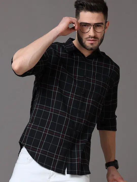 Men's Black Slim-Fit Check Shirt – Style 000