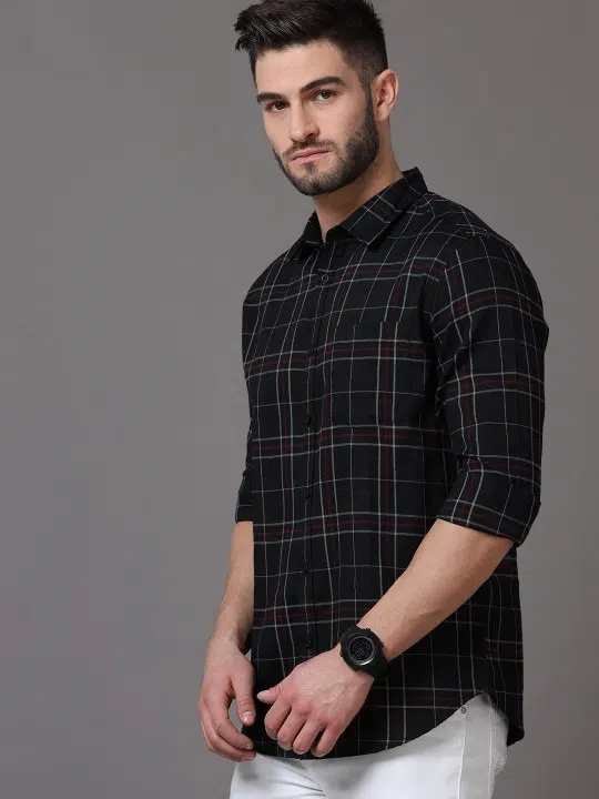 Men's Black Slim-Fit Check Shirt – Style 000