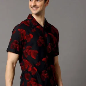 Men's Black Slim-Fit Floral-Print Shirt – Style 142