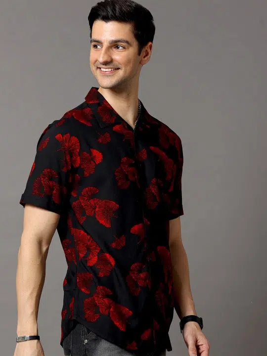Men's Black Slim-Fit Floral-Print Shirt – Style 142