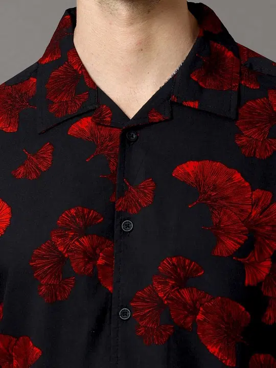 Men's Black Slim-Fit Floral-Print Shirt – Style 142