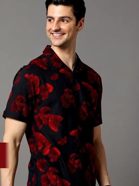 Men's Black Slim-Fit Floral-Print Shirt – Style 142