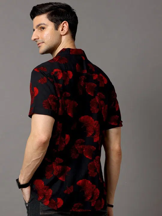 Men's Black Slim-Fit Floral-Print Shirt – Style 142