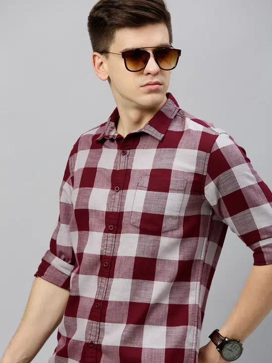 Men's Maroon Slim-Fit Check Shirt – Style 896
