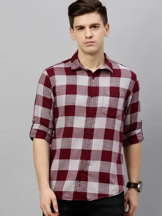 Men's Maroon Slim-Fit Check Shirt – Style 896