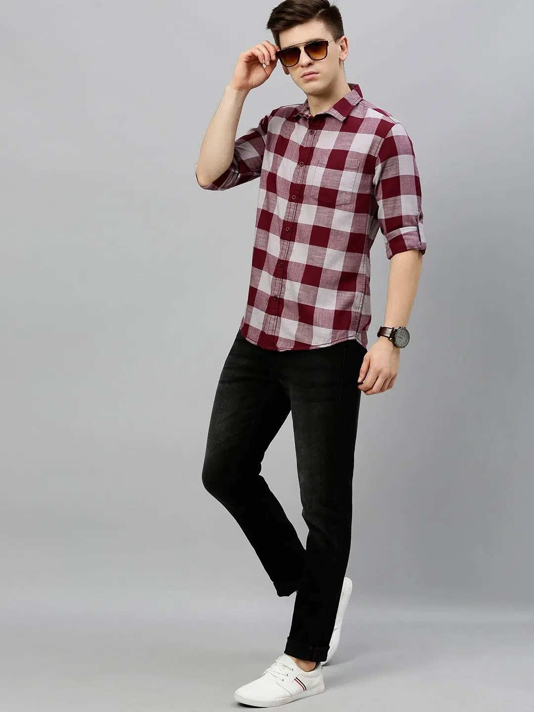 Men's Maroon Slim-Fit Check Shirt – Style 896
