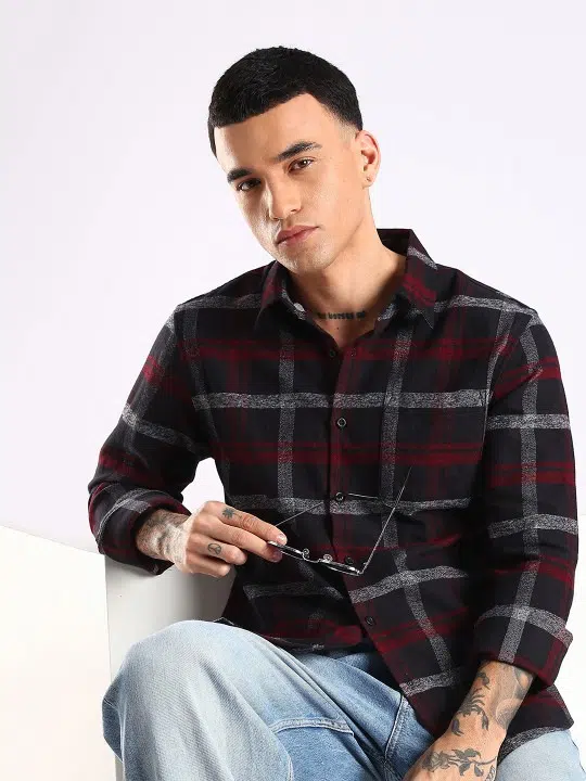 Men's Slim-Fit Tartan-Check Cotton Shirt – Style 729