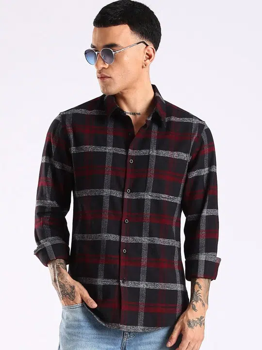 Men's Slim-Fit Tartan-Check Cotton Shirt – Style 729