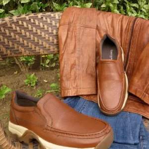 Men's Tan Textured Leather Slip-On Sneakers – Style 006
