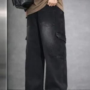 Men's Wide Leg Mid-Rise Distressed Stretch Jeans – Style 982