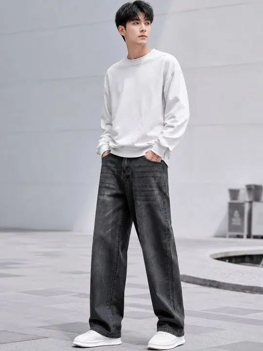 Men's Wide Leg Mid-Rise Light-Fade Stretch Jeans – Style 249