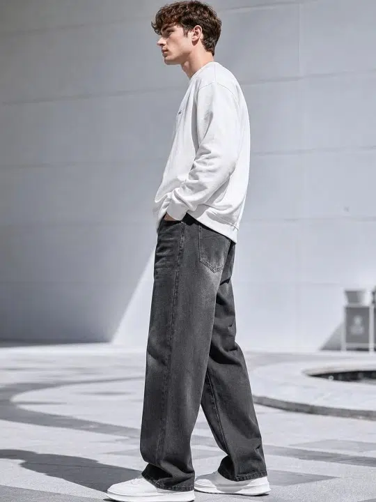 Men's Wide Leg Mid-Rise Light-Fade Stretch Jeans – Style 249